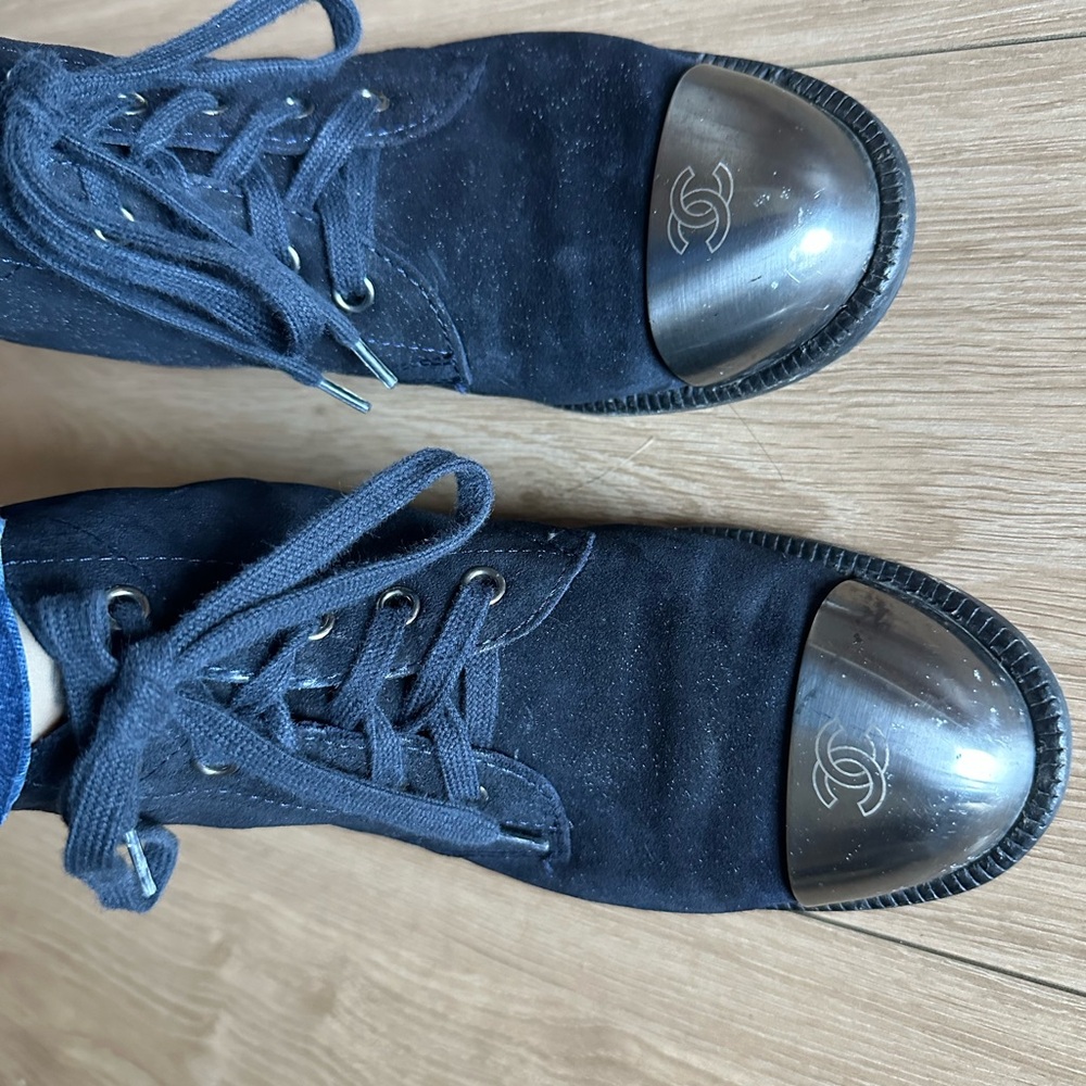 Chanel suede interlocking cc logo combat boots
